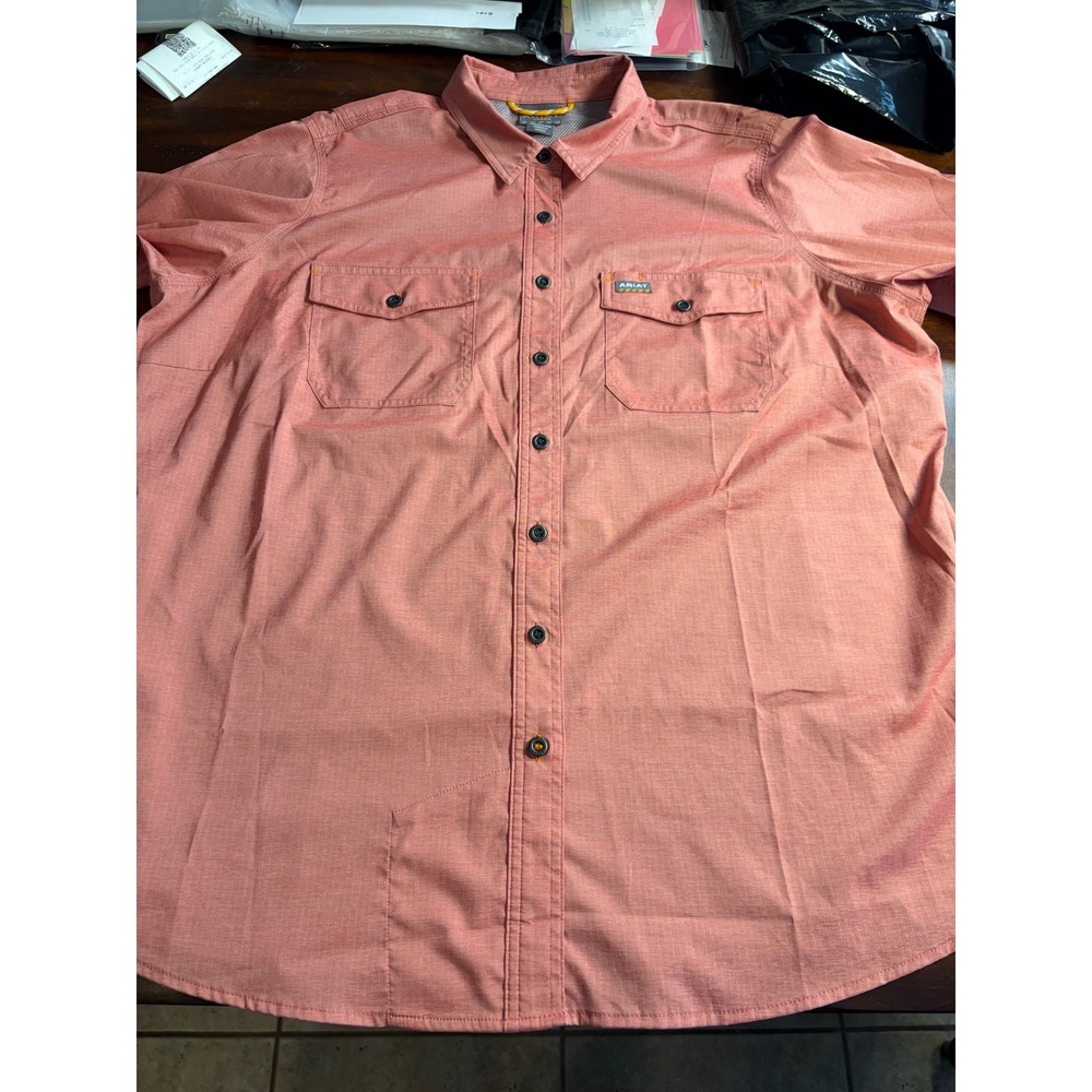 Ariat Rebar Womens 1X Coral Short Sleeve Button Down Work Shirt Pocket Tee